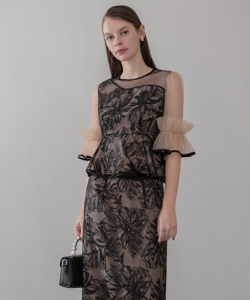 セール】【LEJA】アシンメトリーシアーフラワースパンコールフリル