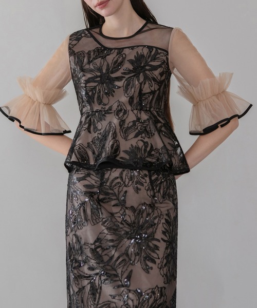 セール】【LEJA】アシンメトリーシアーフラワースパンコールフリル