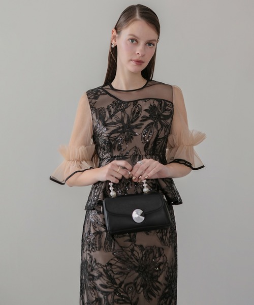 セール】【LEJA】アシンメトリーシアーフラワースパンコールフリル