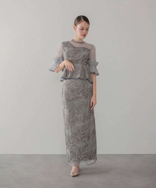 セール】【LEJA】アシンメトリーシアーフラワースパンコールフリル