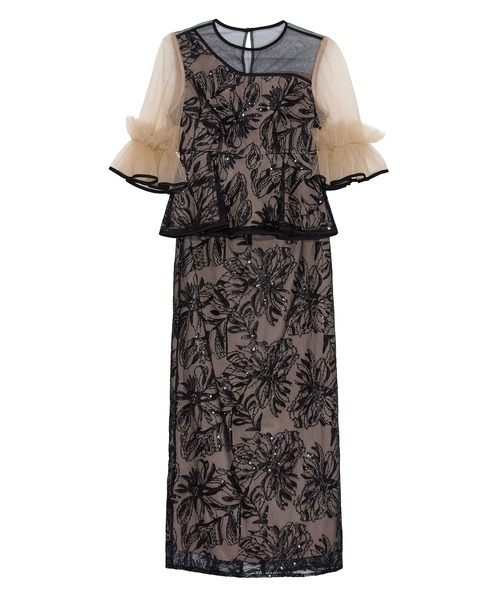 セール】【LEJA】アシンメトリーシアーフラワースパンコールフリル