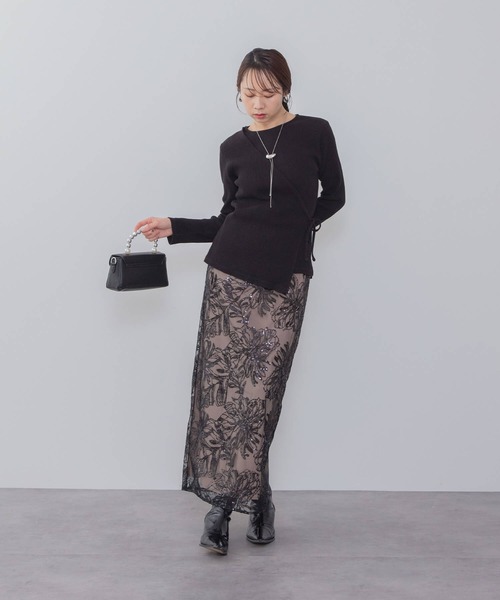 セール】【LEJA】アシンメトリーシアーフラワースパンコールフリル