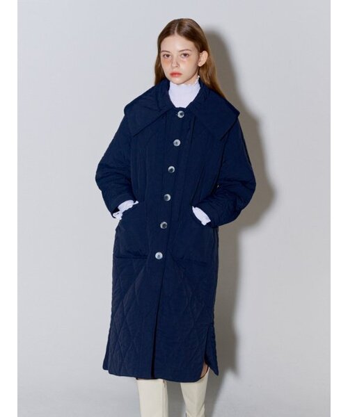 ビッグカラーキルティングロングコートネイビー
