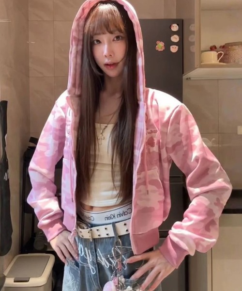 セール】レオパード柄フロント刺しゅう ジップアップパーカー