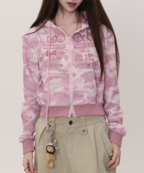 セール】レオパード柄フロント刺しゅう ジップアップパーカー