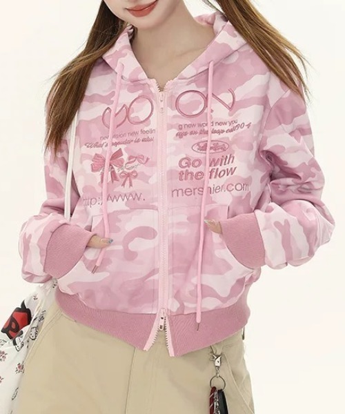 セール】レオパード柄フロント刺しゅう ジップアップパーカー