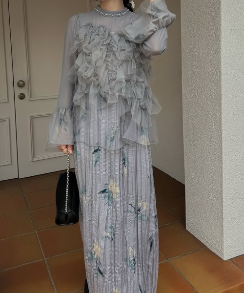 WILLFULLY（ウィルフリー）の「random tulle layered iris pleats OP（ドレス・レディース・ピンク系その他/オリーブ/ライトブルー・FREE/L）」の4枚目の写真