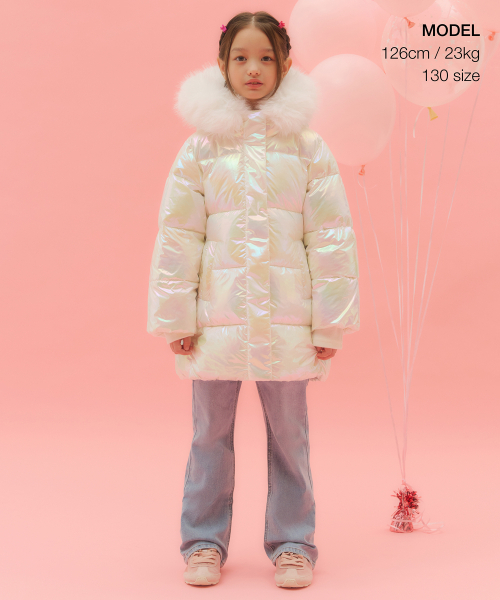 MUSINSA STANDARD KIDS（ムシンサスタンダードキッズ）の「フェイクファー トゥインクル パディングパーカー [イエロークリーム]（ブルゾン・レディース・その他・100/110/120/130/140/150/160）」の2枚目の写真