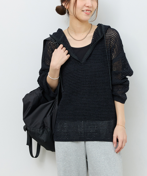 JOURNAL STANDARD relume(ジャーナルスタンダード レリューム)の「ミックスメッシュフーディー(ニット/セーター・レディース・ベージュ/ブラック系その他・FREE)」の6枚目の写真