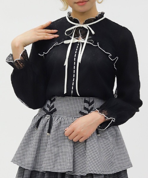 axes femme POETIQUE（アクシーズファムポエティック）の「ボレロ風バイカラーレースＰＯ（Tシャツ/カットソー・レディース・ブラック/ホワイト/ピンク・MEDIUM）」の2枚目の写真