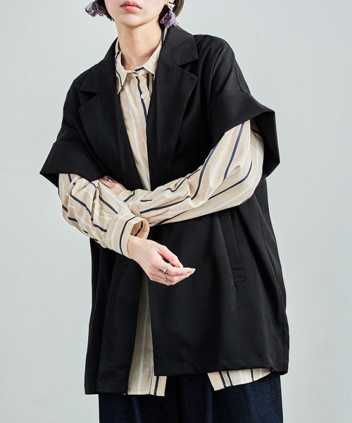 Fashion Letter（ファッションレター）の「ヴィンテージ風ワッシャー ハーフスリーブガウンジャケット（テーラードジャケット・レディース・ブラック/アイボリー/モカ・M）」の2枚目の写真