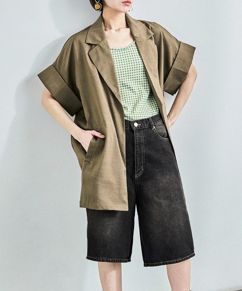 Fashion Letter（ファッションレター）の「ヴィンテージ風ワッシャー ハーフスリーブガウンジャケット（テーラードジャケット・レディース・ブラック/アイボリー/モカ・M）」の3枚目の写真