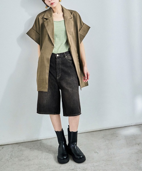 Fashion Letter（ファッションレター）の「ヴィンテージ風ワッシャー ハーフスリーブガウンジャケット（テーラードジャケット・レディース・ブラック/アイボリー/モカ・M）」の12枚目の写真