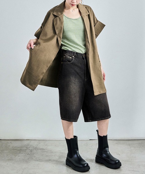 Fashion Letter（ファッションレター）の「ヴィンテージ風ワッシャー ハーフスリーブガウンジャケット（テーラードジャケット・レディース・ブラック/アイボリー/モカ・M）」の15枚目の写真