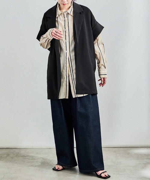 Fashion Letter（ファッションレター）の「ヴィンテージ風ワッシャー ハーフスリーブガウンジャケット（テーラードジャケット・レディース・ブラック/アイボリー/モカ・M）」の22枚目の写真
