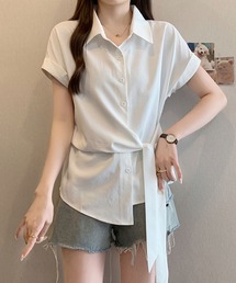 ウエストリボンシャツブラウス / フレンチスリーブ シャツトップス