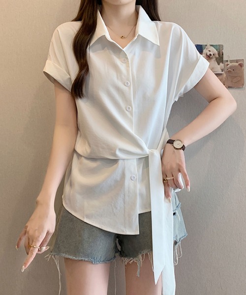 2ly2(トゥーリートゥー)の「ウエストリボンシャツブラウス / フレンチスリーブ シャツトップス(シャツ/ブラウス・レディース・ブルー/イエロー/ホワイト・FREE)」の2枚目の写真
