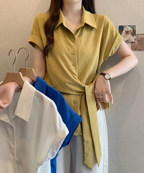 2ly2(トゥーリートゥー)の「ウエストリボンシャツブラウス / フレンチスリーブ シャツトップス(シャツ/ブラウス・レディース・ブルー/イエロー/ホワイト・FREE)」の4枚目の写真