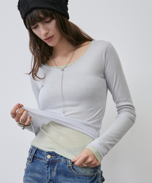 Rohwel（ローウェル）の「Sheer Long Sleeve Tee / シアーロングスリーブT（Tシャツ/カットソー・レディース・ブラウン/ピンク/パープル/グリーン/ライトブルー/チャコールグレー・FREE）」の5枚目の写真