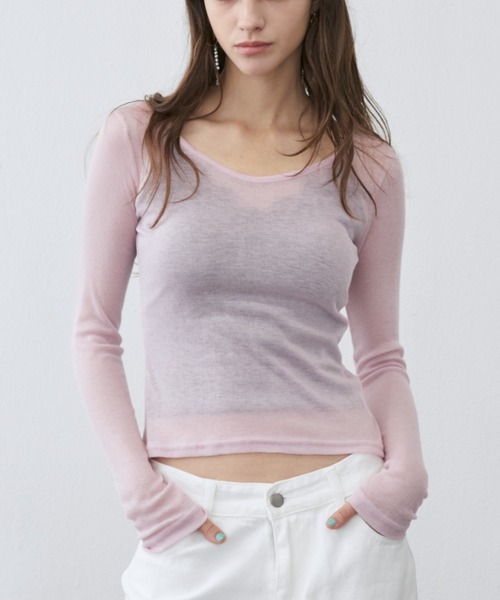Rohwel（ローウェル）の「Sheer Long Sleeve Tee / シアーロングスリーブT（Tシャツ/カットソー・レディース・ブラウン/ピンク/パープル/グリーン/ライトブルー/チャコールグレー・FREE）」の6枚目の写真
