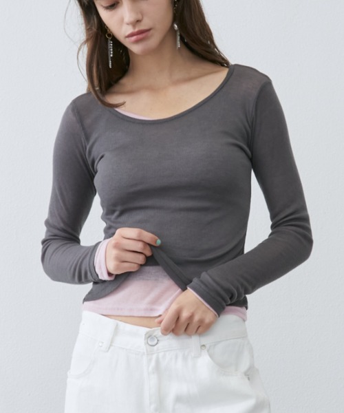Rohwel（ローウェル）の「Sheer Long Sleeve Tee / シアーロングスリーブT（Tシャツ/カットソー・レディース・ブラウン/ピンク/パープル/グリーン/ライトブルー/チャコールグレー・FREE）」の2枚目の写真