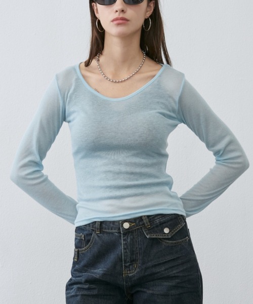Rohwel（ローウェル）の「Sheer Long Sleeve Tee / シアーロングスリーブT（Tシャツ/カットソー・レディース・ブラウン/ピンク/パープル/グリーン/ライトブルー/チャコールグレー・FREE）」の22枚目の写真