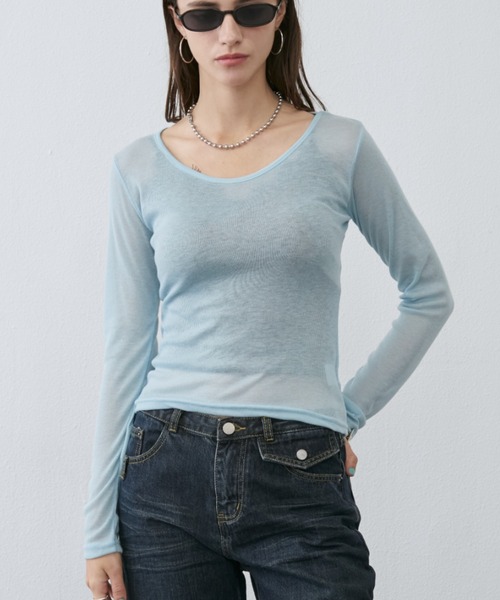 Rohwel（ローウェル）の「Sheer Long Sleeve Tee / シアーロングスリーブT（Tシャツ/カットソー・レディース・ブラウン/ピンク/パープル/グリーン/ライトブルー/チャコールグレー・FREE）」の20枚目の写真