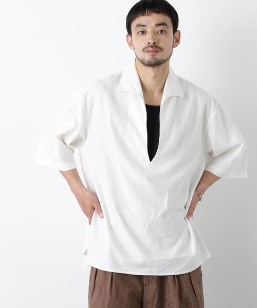 NANO universe(ナノユニバース)の「「FRENCH LINEN」イタリアンスキッパー半袖シャツ(シャツ/ブラウス・メンズ・ブラック/ホワイト・M/S/L)」の1枚目の写真