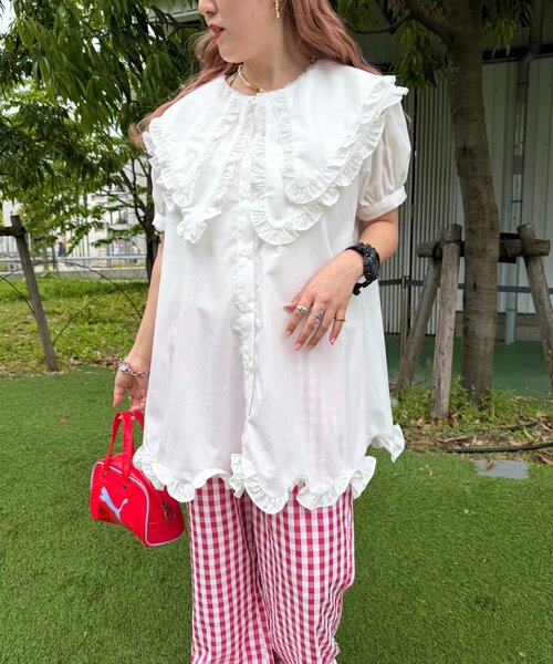 w closet（ダブルクローゼット）の「【Am企画】半袖ふりふりミニワンピース（シャツ/ブラウス・レディース・オフホワイト/イエロー・FREE）」の4枚目の写真