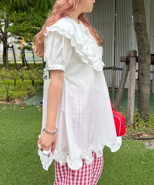 w closet（ダブルクローゼット）の「【Am企画】半袖ふりふりミニワンピース（シャツ/ブラウス・レディース・オフホワイト/イエロー・FREE）」の7枚目の写真