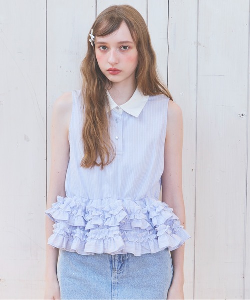 Heather(ヘザー)の「ボリュームフリルヘムノースリーブブラウス 814787(シャツ/ブラウス・レディース・ブルー/ホワイト系その他/ブルー系その他・FREE)」の3枚目の写真