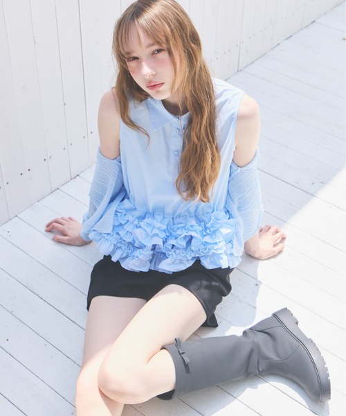 Heather(ヘザー)の「ボリュームフリルヘムノースリーブブラウス 814787(シャツ/ブラウス・レディース・ブルー/ホワイト系その他/ブルー系その他・FREE)」の2枚目の写真