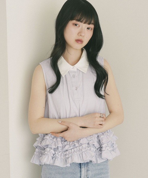 Heather(ヘザー)の「ボリュームフリルヘムノースリーブブラウス 814787(シャツ/ブラウス・レディース・ブルー/ホワイト系その他/ブルー系その他・FREE)」の15枚目の写真