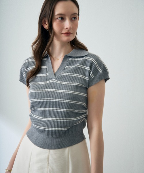 MISCH MASCH（ミッシュマッシュ）の「2026春夏新作 スキッパーネックニットトップス（Tシャツ/カットソー・レディース・ネイビー/ホワイト/グレー・ﾌﾘ-）」の3枚目の写真