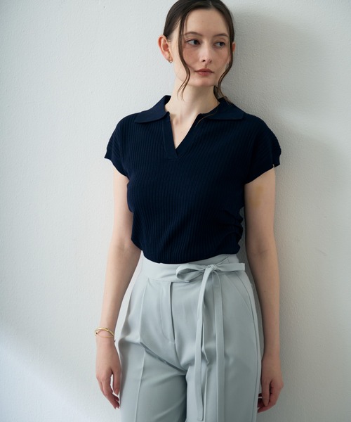 MISCH MASCH（ミッシュマッシュ）の「2026春夏新作 スキッパーネックニットトップス（Tシャツ/カットソー・レディース・ネイビー/ホワイト/グレー・ﾌﾘ-）」の9枚目の写真
