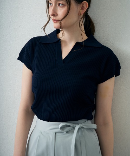 MISCH MASCH（ミッシュマッシュ）の「2026春夏新作 スキッパーネックニットトップス（Tシャツ/カットソー・レディース・ネイビー/ホワイト/グレー・ﾌﾘ-）」の8枚目の写真