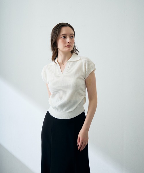 MISCH MASCH（ミッシュマッシュ）の「2026春夏新作 スキッパーネックニットトップス（Tシャツ/カットソー・レディース・ネイビー/ホワイト/グレー・ﾌﾘ-）」の16枚目の写真