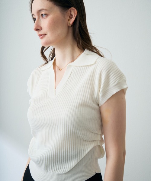MISCH MASCH（ミッシュマッシュ）の「2026春夏新作 スキッパーネックニットトップス（Tシャツ/カットソー・レディース・ネイビー/ホワイト/グレー・ﾌﾘ-）」の15枚目の写真