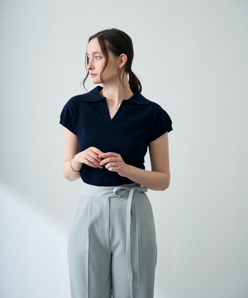 MISCH MASCH（ミッシュマッシュ）の「2026春夏新作 スキッパーネックニットトップス（Tシャツ/カットソー・レディース・ネイビー/ホワイト/グレー・ﾌﾘ-）」の11枚目の写真