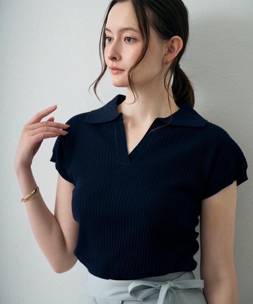 MISCH MASCH（ミッシュマッシュ）の「2026春夏新作 スキッパーネックニットトップス（Tシャツ/カットソー・レディース・ネイビー/ホワイト/グレー・ﾌﾘ-）」の7枚目の写真