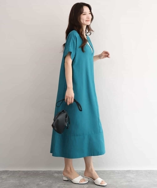 MK MICHEL KLEIN（エムケーミッシェルクラン）の「[洗える]深V開きサックワンピース（ワンピース・レディース・グリーン/ベージュ・38）」の5枚目の写真