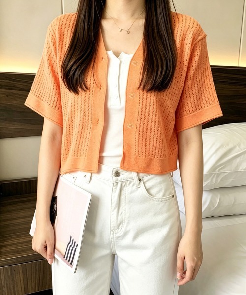 Miniministore(ミニミニストア)の「サマーニットカーディガン 透かし編み夏服(カーディガン/ボレロ・レディース・ホワイト/オレンジ/ブルー/ラベンダー・FREE)」の1枚目の写真