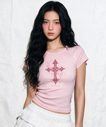 CROSS ボートネックスリム半袖Tシャツ [ライトピンク]