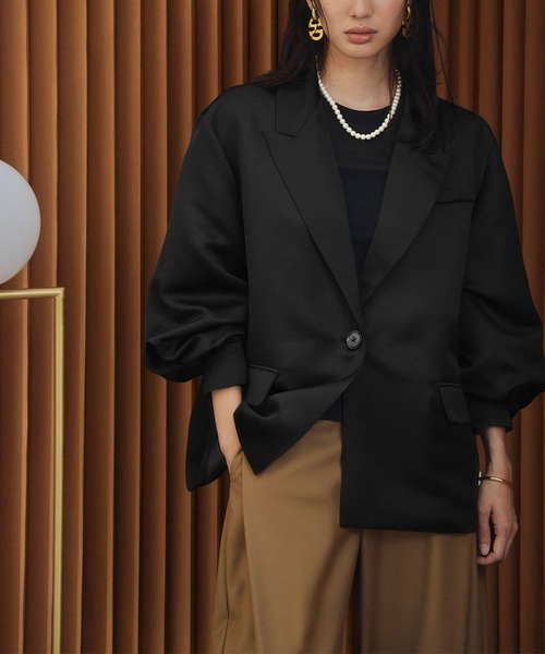 ELFRANK（エルフランク）の「【2026AW】【M～Lサイズ展開】サテンオーバーサイズテーラードジャケット 洗える《着用動画あり》（テーラードジャケット・レディース・ブラック/オフホワイト・M/L）」の16枚目の写真