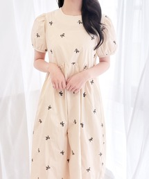 リボンデザインパフスリーブワンピース