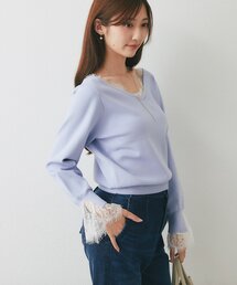 【繊細レースで女子力UP!】レース付きVネックニット