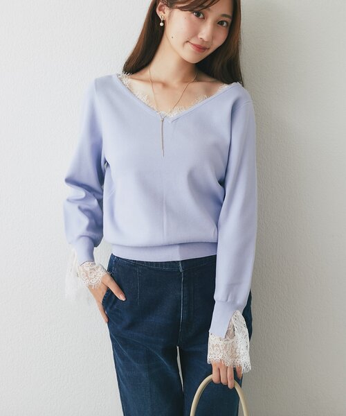 La boutique BonBon(ラブティックボンボン)の「【繊細レースで女子力UP!】レース付きVネックニット(ニット/セーター・レディース・バイオレット/ネイビー/ピンク/オフホワイト・FREE)」の18枚目の写真