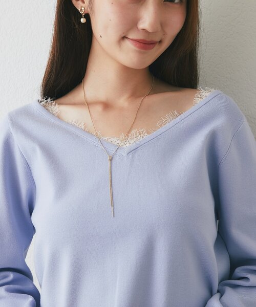 La boutique BonBon(ラブティックボンボン)の「【繊細レースで女子力UP!】レース付きVネックニット(ニット/セーター・レディース・バイオレット/ネイビー/ピンク/オフホワイト・FREE)」の12枚目の写真