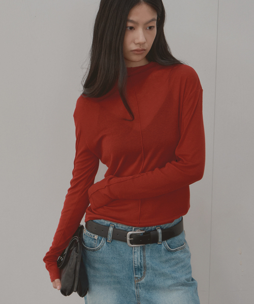 SIGREAT(シグレート)の「SHEER MOCK-NECK PIN-TUCK TEE_RED(Tシャツ/カットソー・レディース・レッド・FREE)」の2枚目の写真