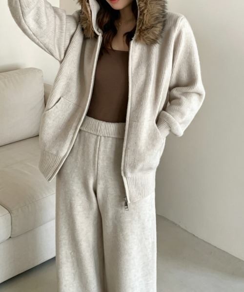FLINEA(フリネア)の「フェイクファーファー付きニットダブルジップカーディガン&パンツ(セットアップ・レディース・ブラウン/ダークグレー/ライトグレー/ブラック/ベージュ・FREE)」の17枚目の写真